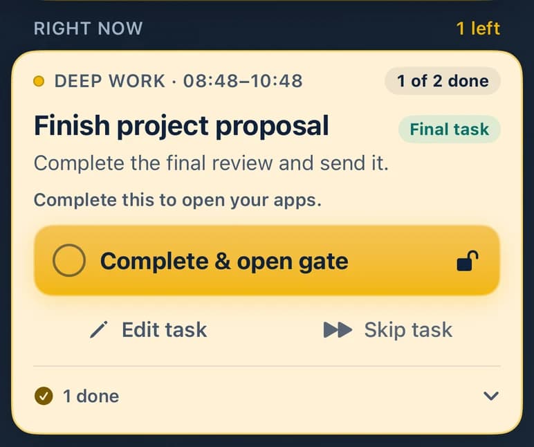 The Right now card: Finish project proposal, marked Final task, with a Complete & open gate button.