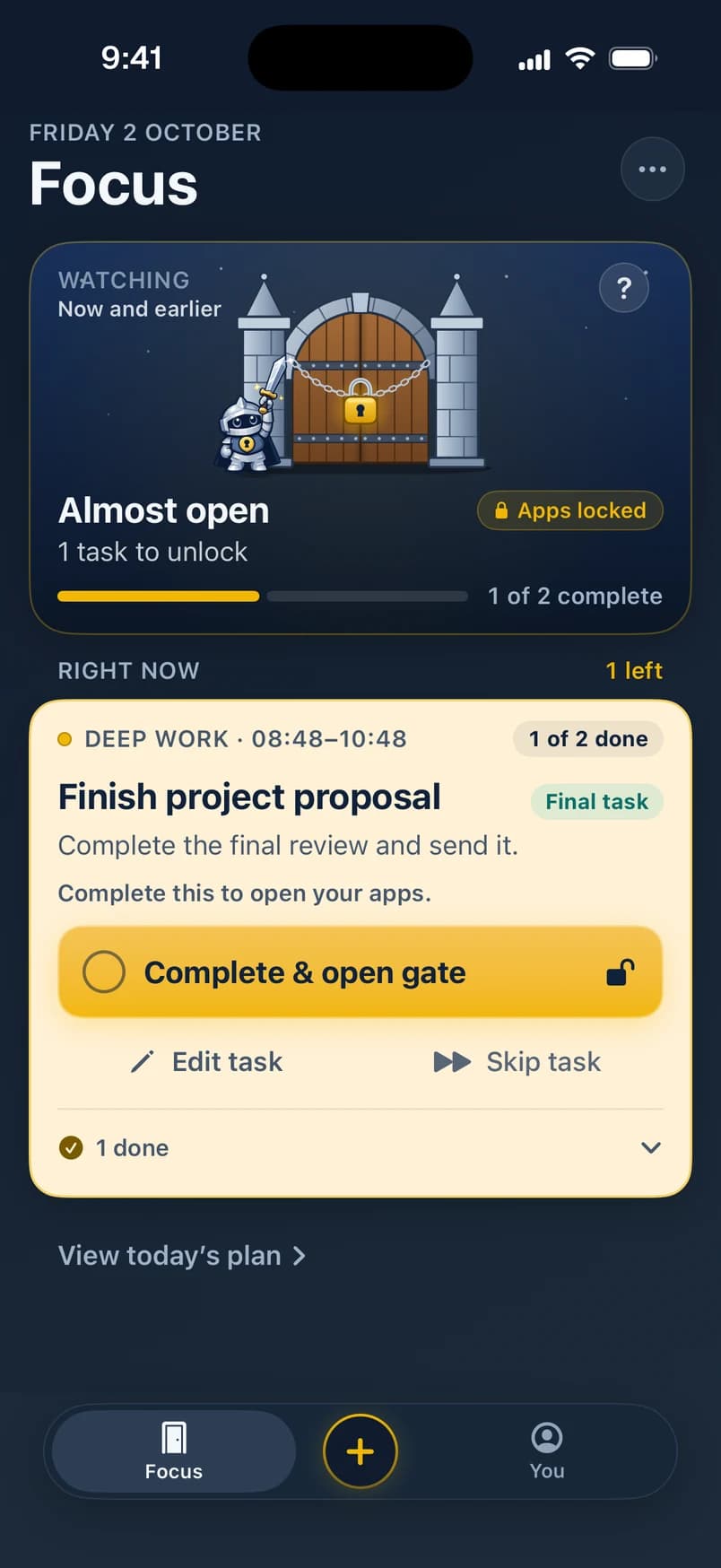 Focus screen: Almost open, 1 task to unlock. Finish project proposal is the final task, with a Complete & open gate button.