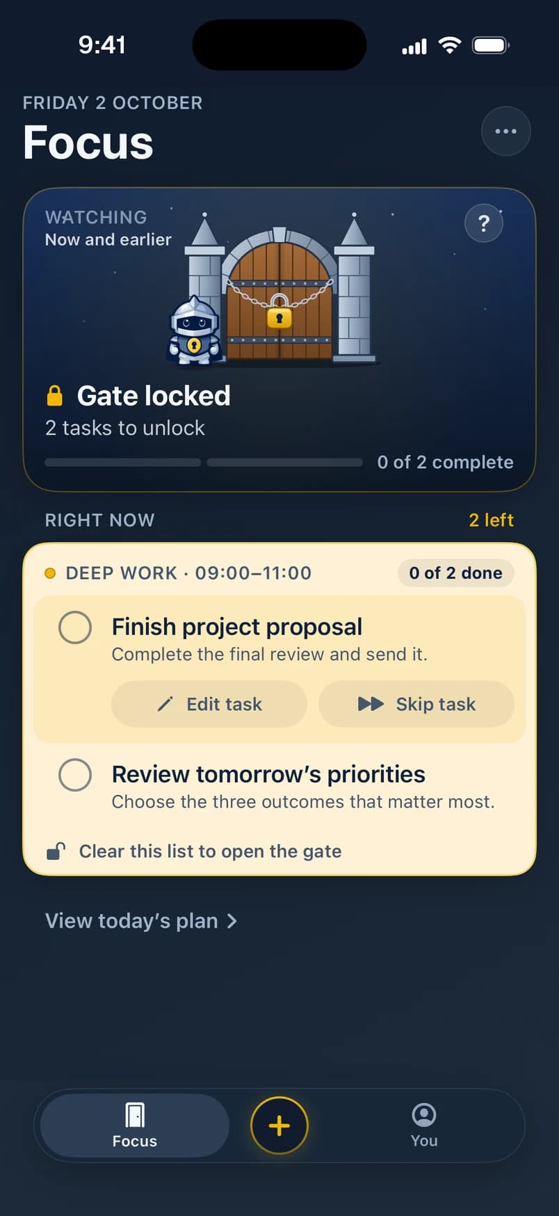 FocusGate before: Gate locked, 2 tasks to unlock.