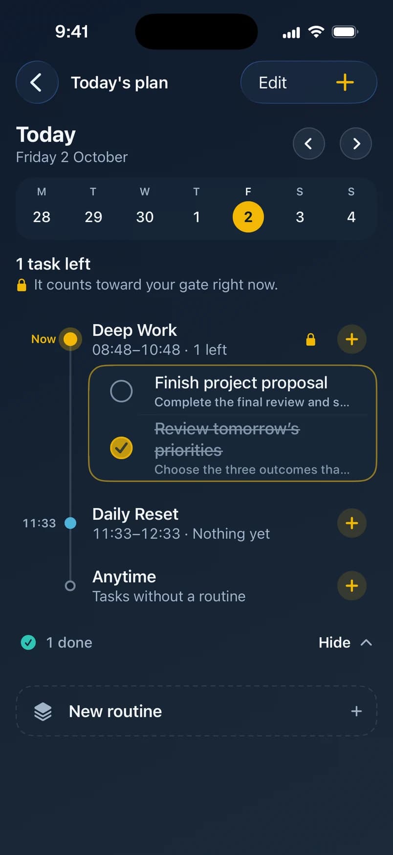 Today's plan: a timeline with Deep Work now, Daily Reset later and Anytime tasks.
